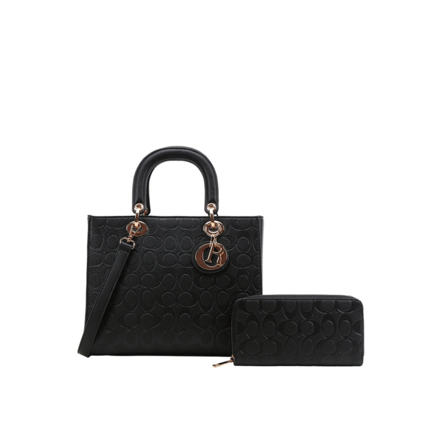 Front view of black oval satchel bag with wallet set.