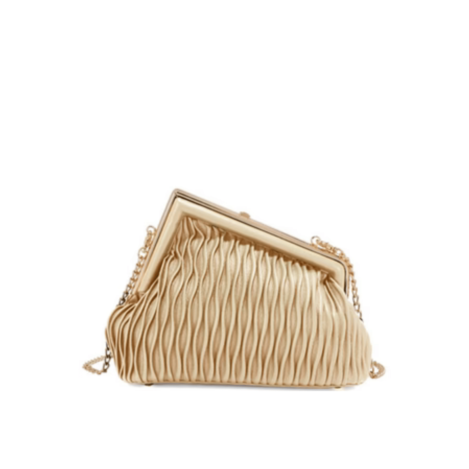 Side view of a gold-tone crossbody bag with a secure closure.