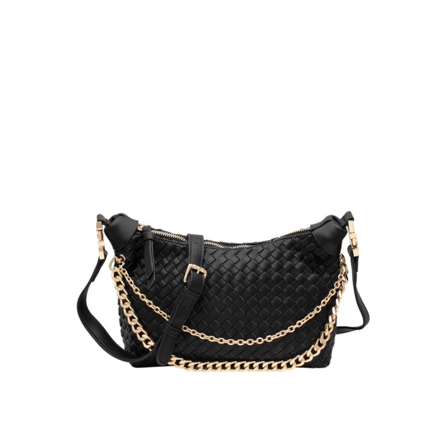 Side view of black woven crossbody bag with gold chain.