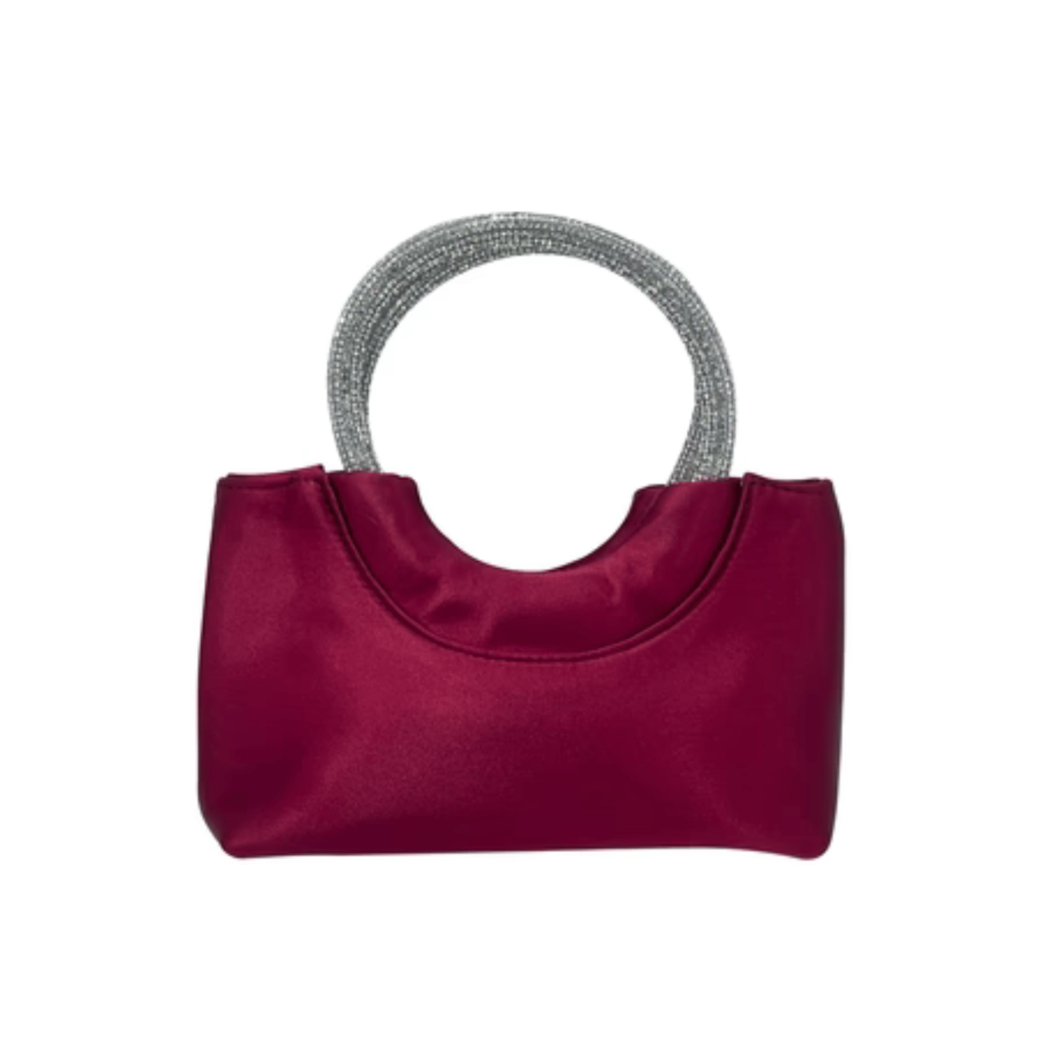 Side view of burgundy handbag with rhinestone handle.