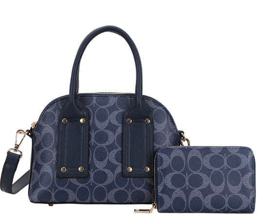 2IN1 OVAL PRINTED HANDLE SATCHEL W WALLET SET NAVY