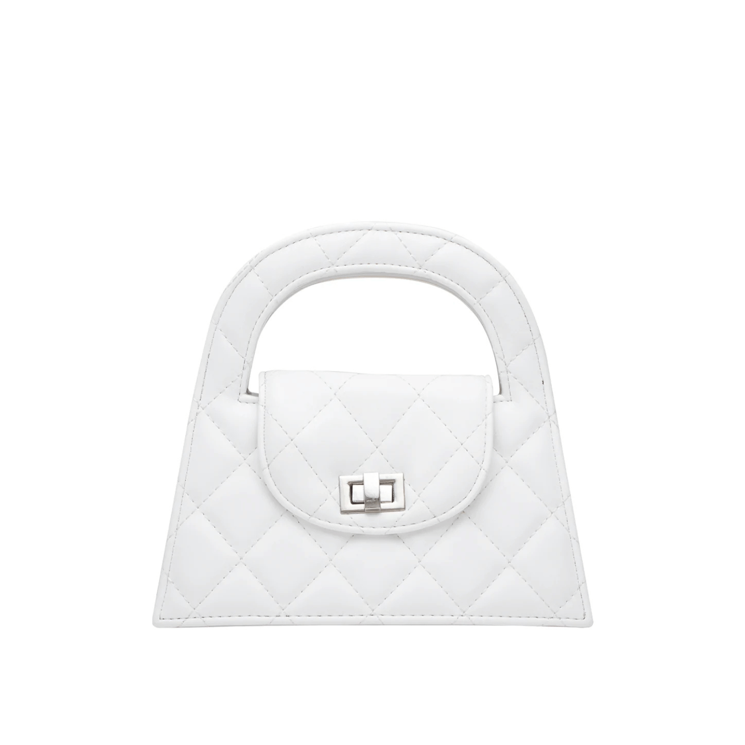 Close-up of white quilted crossbody bag with twist lock closure.

