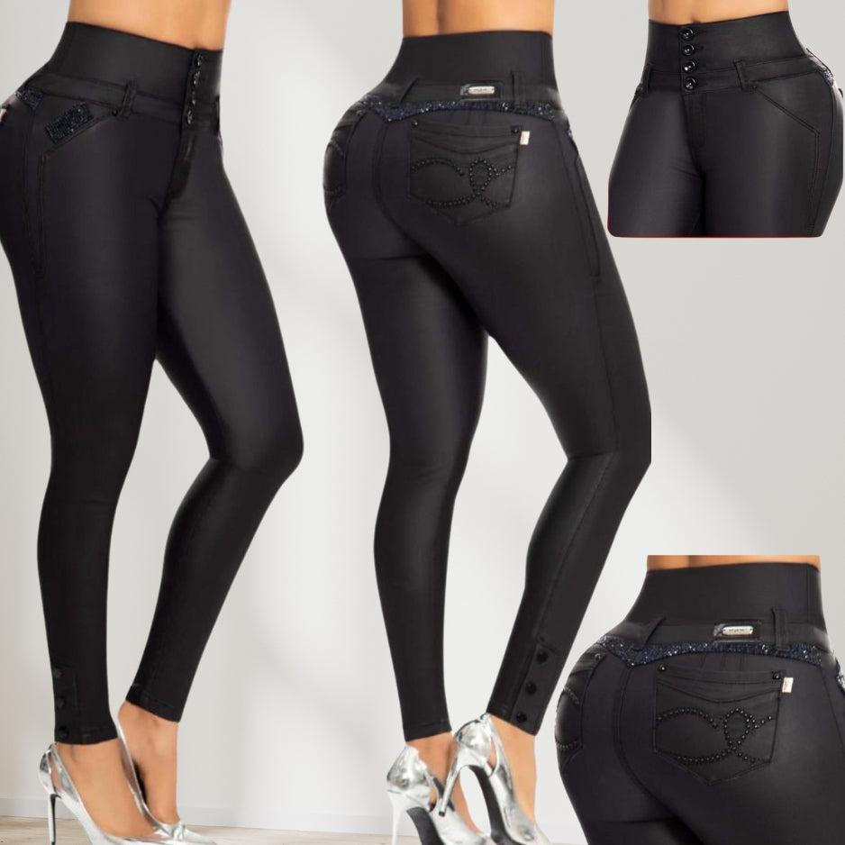 Colombian Black Leather Lift-Up Jeans | Shapely Women's Denim