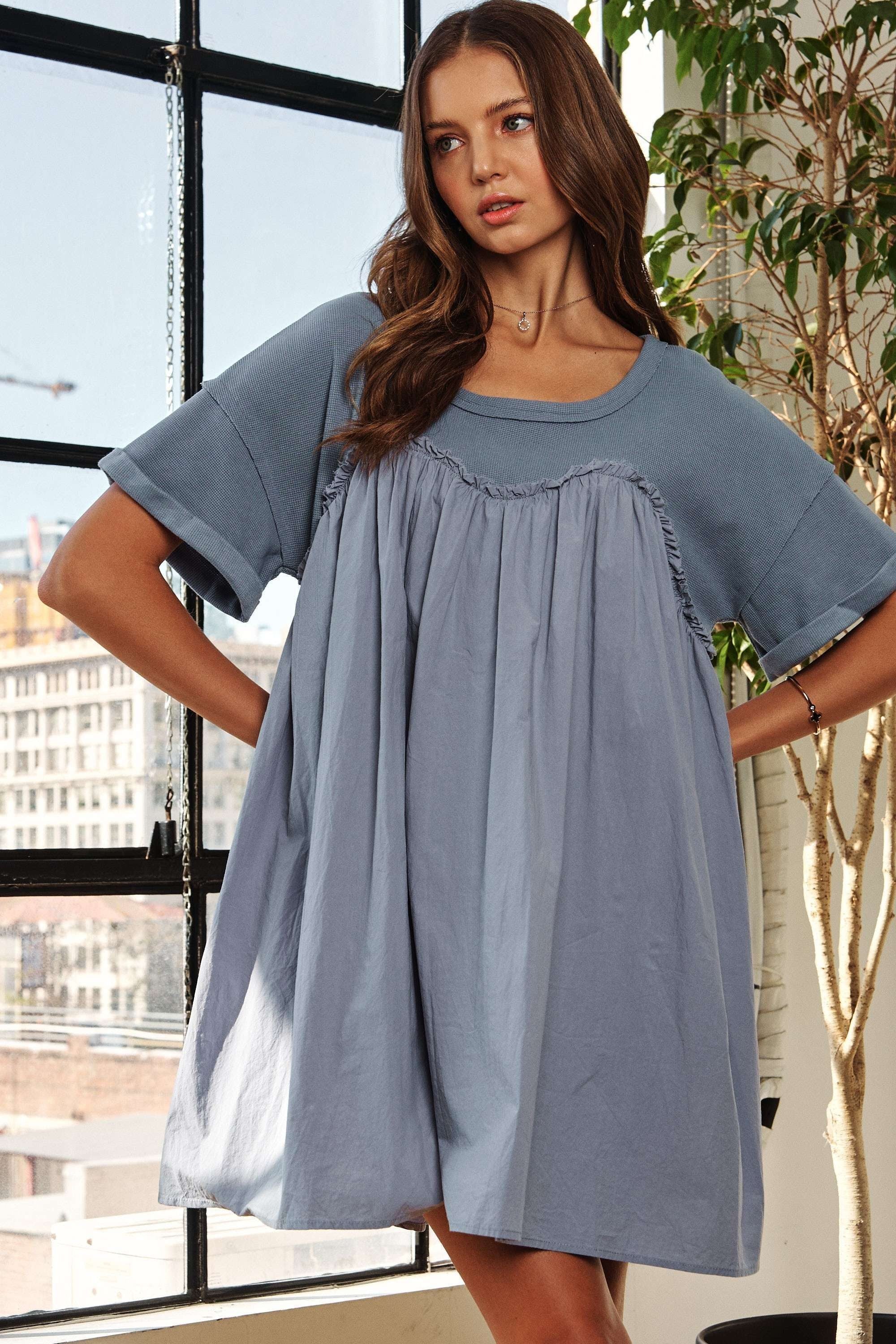 WASHED FABRIC MIX BABYDOLL DRESS DENIM BLUE