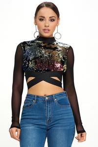 Cascade Sequin Cross Faded Long Sleeve Crop Top | Glamorous Women's Top