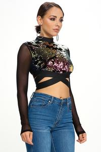 Cascade Sequin Cross Faded Long Sleeve Crop Top | Glamorous Women's Top