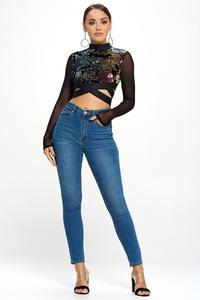 CASCADE SEQUIN CROSS FADED LONG SLEEVE CROP TOP-BeautyRosee Boutique