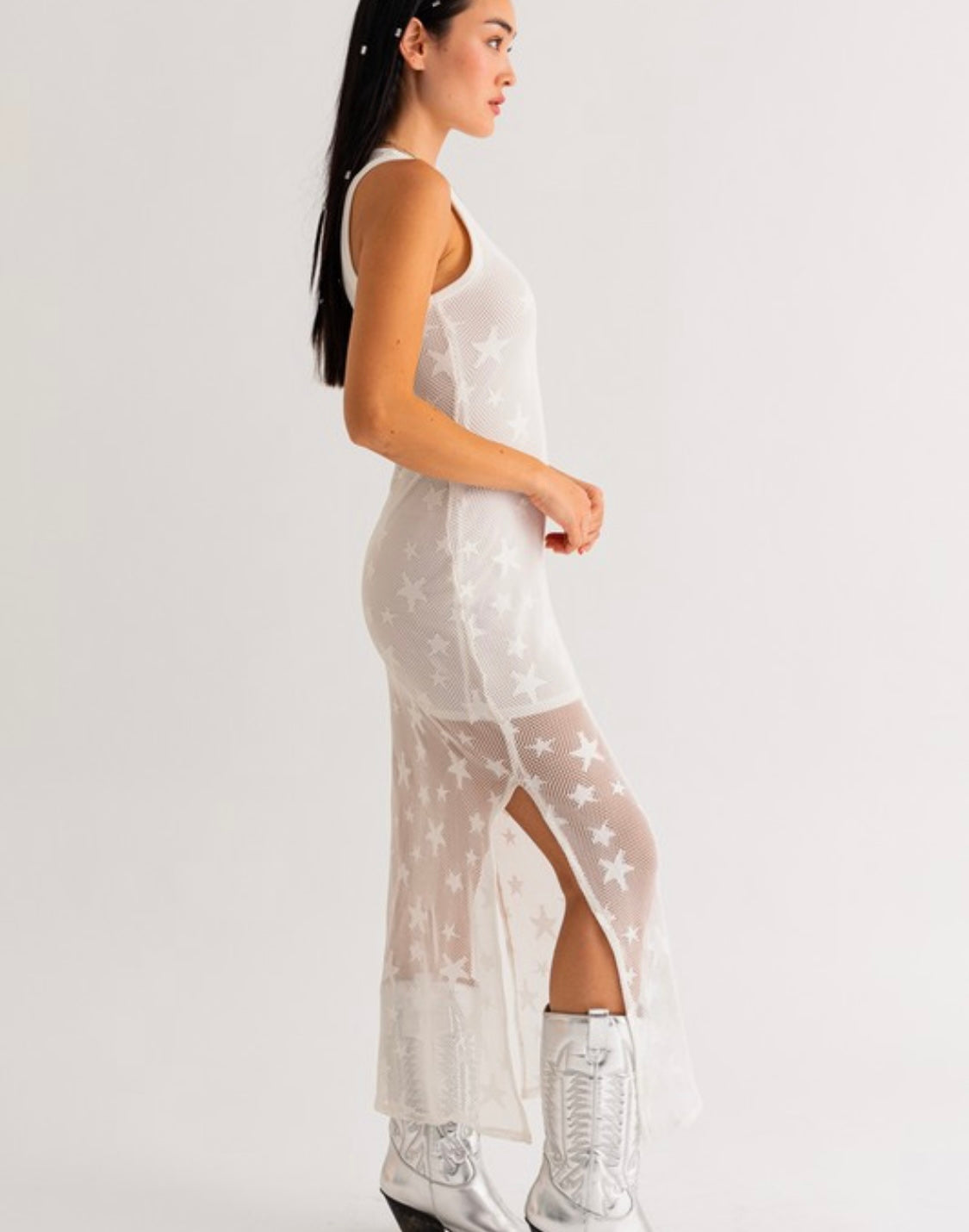 Front view of the Tank Maxi Dress in White, Model - Medium