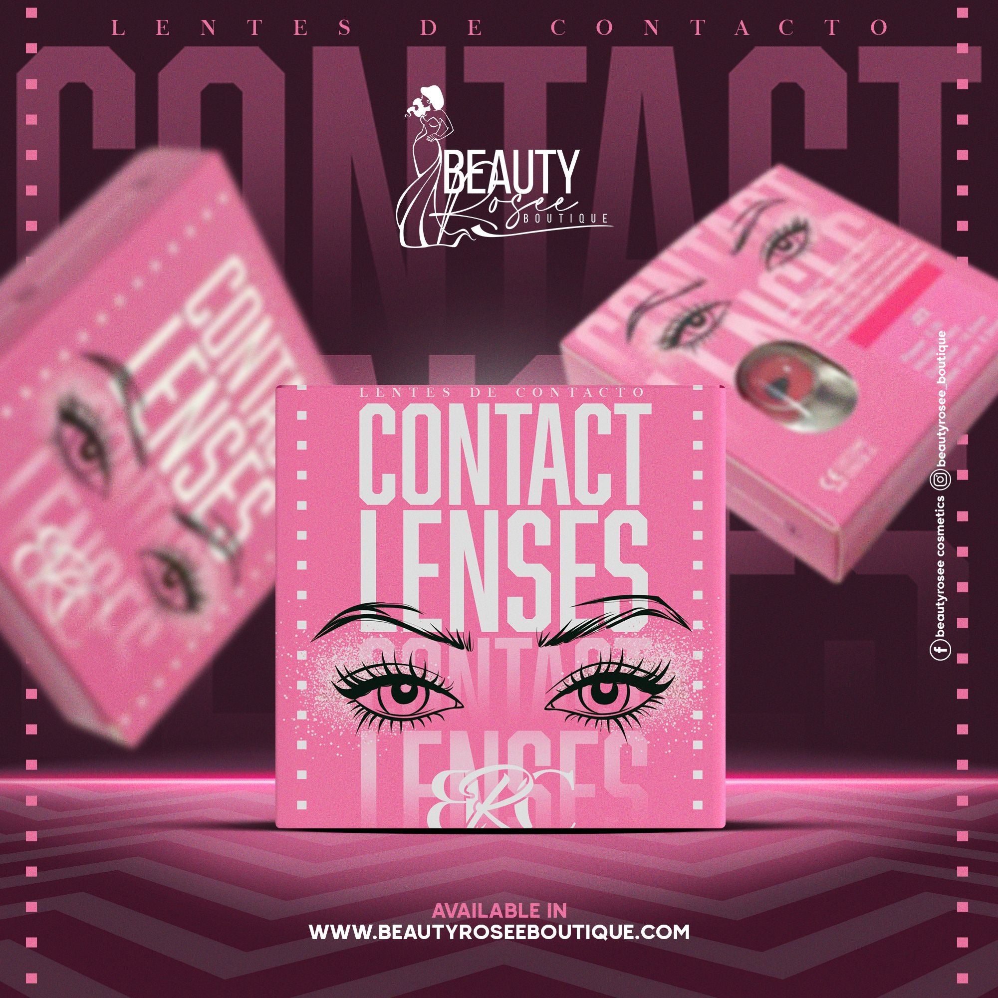 Packaging of Fashion Contact Lenses in vibrant pink design.